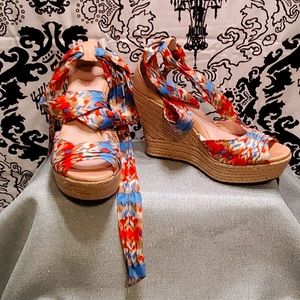 UGG Luciana Multi Colored Open Santorini Espadrilles Tie Up Wedge Sandals